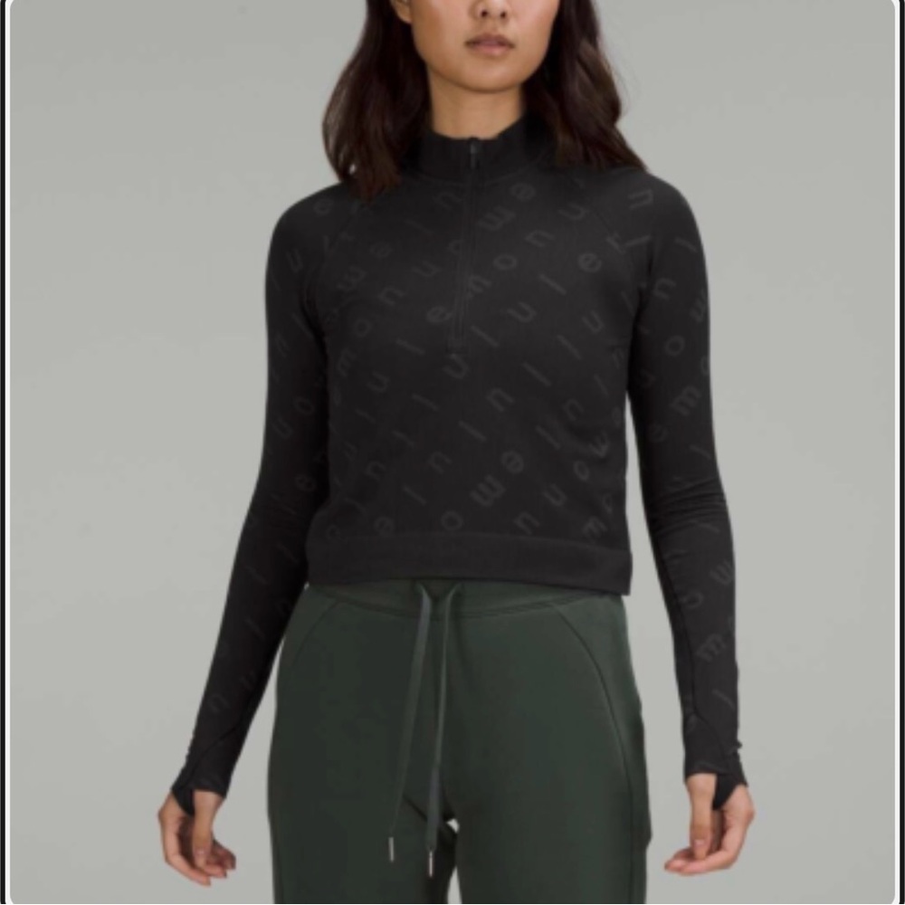 Lululemon Rest Less Cropped Half Zip Logo Letter Top Black Graphite Grey Small